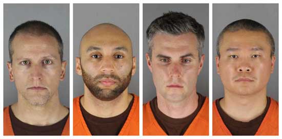 This combination of photos provided by the Hennepin County Sheriff's Office in Minnesota on Wednesday, June 3, 2020, shows from left, former Minneapolis police officers Derek Chauvin, J. Alexander Kueng, Thomas Lane and Tou Thao. The former Minneapolis police officers charged with violating George Floyd's civil rights are scheduled to be arraigned in federal court Tuesday, Sept. 14, 2021. (Hennepin County Sheriff's Office via AP File)