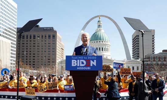 Democratic U.S. presidential candidate and former Vice President Joe Biden speaks during a campaign stop in St. Louis, Missouri, U.S., March 7, 2020. REUTERS/Brendan McDermid