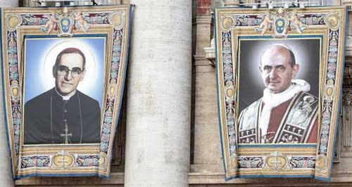 Tapestries of Roman Catholic Archbishop Oscar Romero of San Salvador (left) and Pope Paul. Image credit - Irish Times