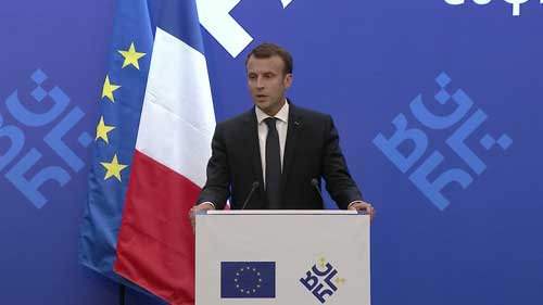 French President Emmanuel Macron speaks at the European Summit in Sofia, Bulgaria.