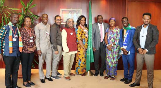 Youth Leaders for Health and their Mentors in a group photograph with His Excellency Kwesi Quartey, African Union Commission Deputy Chairperson (4th from right), after a presentation of a communique to him at the African Union, Addis Ababa, Ethiopia in January 2020.