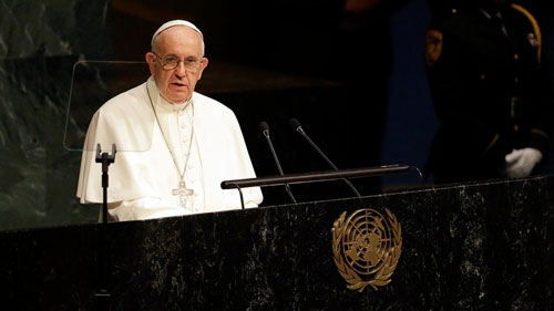 Pope Francis addresses the 70th session of the United Nations General Assembly, Friday, Sept. 25th 2015, at the United Nations Headquarters.