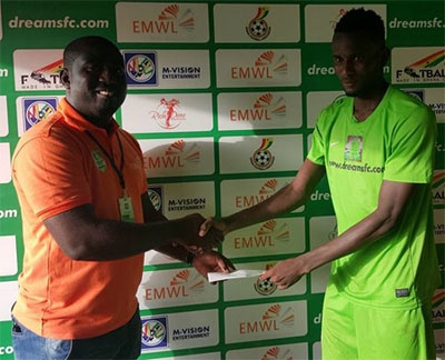 Midfielder Emmanuel Lomotey receives an award after being voted Man of the match following their Match Day 6 lone goal victory over WAFA.