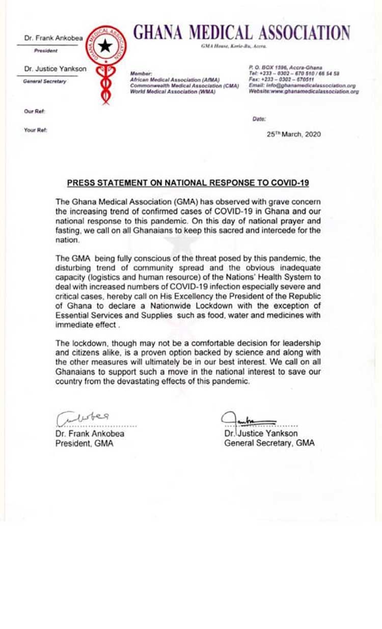 Ghana Medical Association calls for nationwide lockdown
