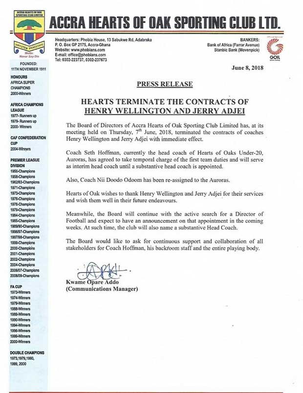 Press Release: Hearts of Oak Terminate The Contracts of Henry Wellington And Jerry Adjei