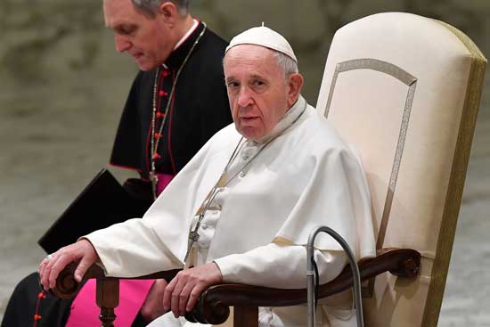 Pope Francis looks on during the weekly general audience on Feb. 6, 2019 at Paul-VI hall in the Vatican.