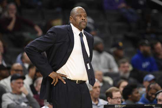 n this Wednesday, Feb. 5, 2020, file photo, Georgetown head coach Patrick Ewing looks on during the first half of an NCAA college basketball game against Seton Hall, in Washington. In a statement issued by Georgetown on Friday, May 22, 2020, Ewing has tested positive for COVID-19. (AP Photo/Nick Wass, File)