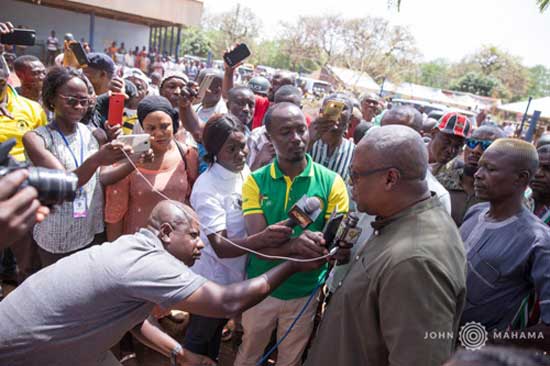 Former President John Mahama speaking to journalists moments after voting in Bole on Saturday