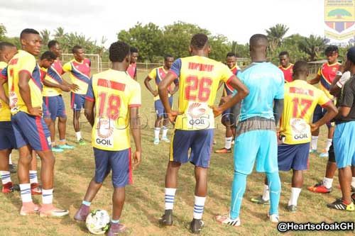 Accra Hearts of Oak players train at the Asanta Roman School Park in the Western Region ahead of their match against Karela FC on Wednesday, April 18th 2018. Photo credit - @heartsofoak