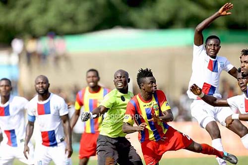 A Goalmouth melee erupts between Liberty Professionals and Accra Hearts of Oak in their week 15 match played at the Dansoman Carl Reindorf Park in Dansoman on May 5th 2015. Photo – S. A. Adadevoh